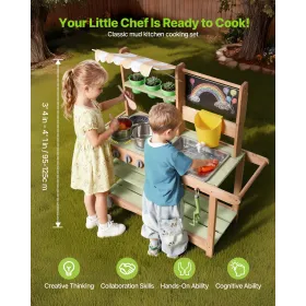 VEVOR Mudderkøkken, Udendørs Mudderkøkken til børn, Udendørs legekøkkener i træ med skeer, vask, solsejl, drejelige hjul, C