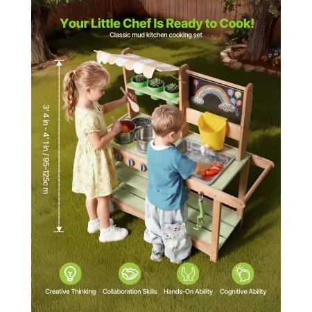 VEVOR Mud Kitchen, Outdoor Mud Kitchen for Kids, Wood Outdoor Play Kitchens with Spoons, Sink, Sunshade Canopy, Swivel Wheels, C
