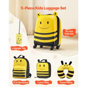 VEVOR Kids Luggage Set, 5 Piece, 45.7 cm Hardside Rolling Wheels Suitcase with Backpack & U-shape Pillow, Bee Kids Carry on Lugg