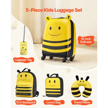 VEVOR Kids Luggage Set, 5 Piece, 45.7 cm Hardside Rolling Wheels Suitcase with Backpack & U-shape Pillow, Bee Kids Carry on Lugg