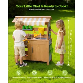 VEVOR Mudderkøkken, Udendørskøkken til børn, Udendørs legekøkkener i træ med skeer, vask, tank, solsejl, skovle, C
