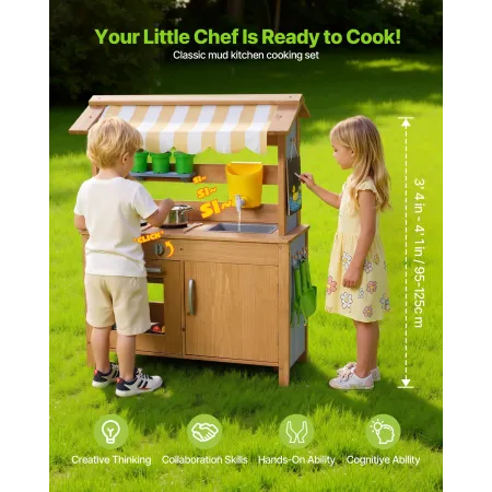 VEVOR Mud Kitchen, Outdoor Mud Kitchen for Kids, Wood Outdoor Play Kitchens with Spoons, Sink, Tank, Sunshade Canopy, Shovels, C