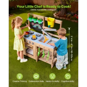 Mud Kitchen, Outdoor Mud Kitchen for Kids, Wood Outdoor Play Kitchens with Stoves, Hooks, Sinks, Planting Shovels, Spatulas, Han