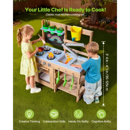 VEVOR Mudderkøkken, Udendørskøkken til børn, Udendørs legekøkkener i træ med komfurer, kroge, vaske, planteskovle, spatel