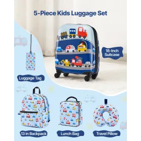 Kids Luggage Set, 5 Piece, 45.7 cm Hardside Rolling Wheels Suitcase with Backpack & U-shape Pillow, Truck Kids Carry on Luggage 