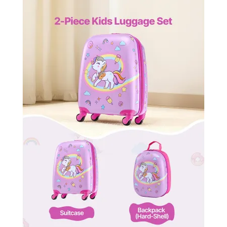 Kids Luggage Set, 2 Piece, 45.7 cm Hardside Rolling Wheels Suitcase with Hard-Shell Backpack, Unicorn Kids Carry on Luggage Set,