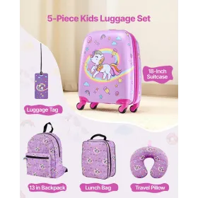 Kids Luggage Set, 5 Piece, 45.7 cm Hardside Rolling Wheels Suitcase with Backpack & U-shape Pillow, Unicorn Kids Carry on Luggag