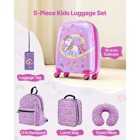 VEVOR Kids Luggage Set, 5 Piece, 45.7 cm Hardside Rolling Wheels Suitcase with Backpack & U-shape Pillow, Unicorn Kids Carry on 