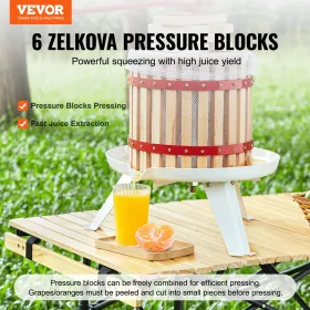Frugtvin Press, 1,6 gallon/6L, massivt trækurv med 6 blokke