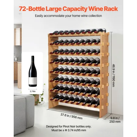 72 Bottle Stackable Modular Wine Rack, 8-Tier, Floor Freestanding Wine Storage Rack, Sturdy Wines Holder Display Shelf, Wobble-F