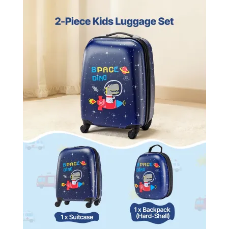 Kids Luggage Set, 2 Piece, 45.7 cm Hardside Rolling Wheels Suitcase with Hard-Shell Backpack, Dinosaur Kids Carry on Luggage Set
