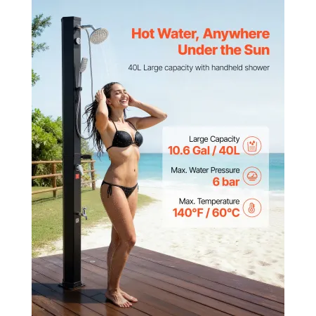 40L Solar Heated Shower, 205cm Showerhead Height Outdoor Shower, with Handheld & Foot Faucet, Hot & Cold Water Adjustment, Frees