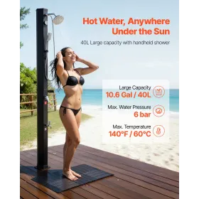 40L Solar Heated Shower, 205cm Showerhead Height Outdoor Shower, with Floor Kit & Handheld & Foot Faucet, Hot & Cold Water Adjus