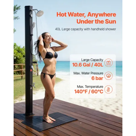 40L Solar Heated Shower, 205cm Showerhead Height Outdoor Shower, with Floor Kit & Handheld & Foot Faucet, Hot & Cold Water Adjus