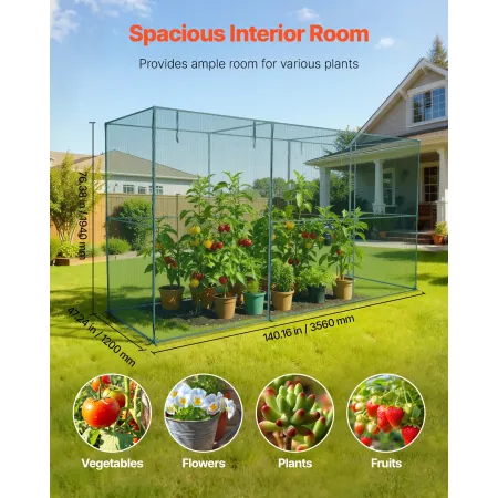VEVOR afgrødebur, 3,56 x 1,2 x 1,94 m plantebeskyttelsestelt med lynlåsdør, vindafvisende højt afgrødebur, let at installere, O