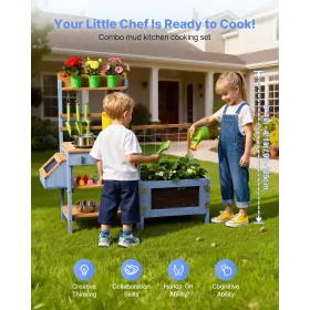 VEVOR Mud Kitchen, Outdoor Mud Kitchen for Kids, Wood Outdoor Play Kitchens with Planting Box, Critter Catcher Container, Tank, 