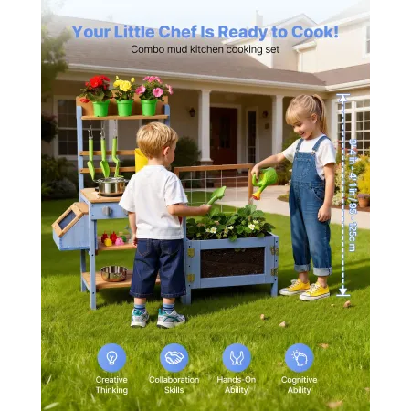 Mud Kitchen, Outdoor Mud Kitchen for Kids, Wood Outdoor Play Kitchens with Planting Box, Critter Catcher Container, Tank, Sink, 