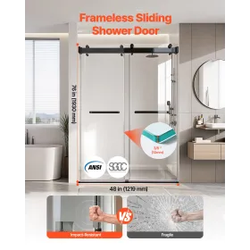 VEVOR Frameless Shower Door, 1219 mm W x 1930mm H, Shower Sliding Glass Door with 10 mm Thick Clear Tempered Glass, Noiseless Sh