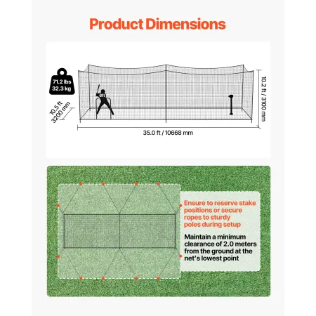VEVOR baseball batting-bur, 10668 x 3200 x 3100 mm fritstående bærbart batting-bur, slagbure med 45-lags knyttet HDPE &