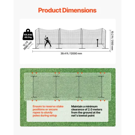 VEVOR Baseball Batting Cage, 12000 x 3680 x 3100mm Freestanding Portable Batting Cage, Hitting Cages with 45-Ply Knotted HDPE & 