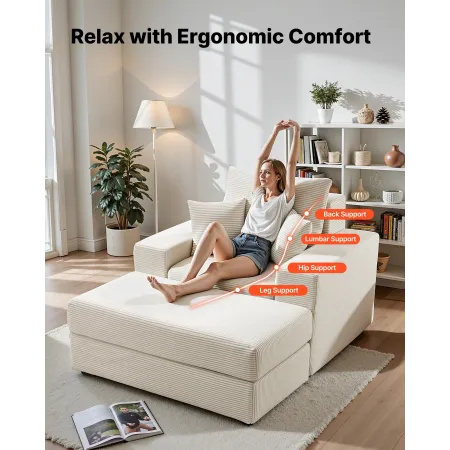 Chaise Lounge Chair, 1115 mm Boneless Modular Chaise Lounge Indoor, Oversized Corduroy Reading Chair with Throw Pillows & Armres