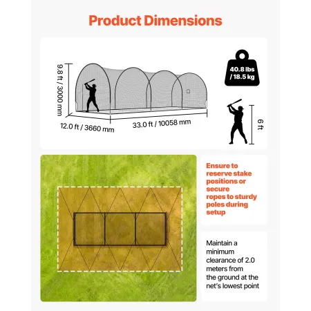 VEVOR Baseball Batting Cage, 10058 x 3660 x 3000mm Freestanding Portable Batting Cage, Hitting Cages with 4-Ply Knotless Polyest