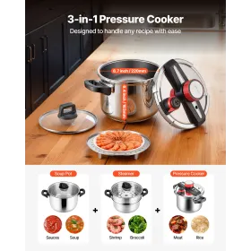 Pressure Cooker, 6L Pressure Cooker Stainless Steel, Pressures Canner with Steaming Rack, Tempered Glass Lid, Three Pressures Se