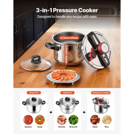 Pressure Cooker, 6L Pressure Cooker Stainless Steel, Pressures Canner with Steaming Rack, Tempered Glass Lid, Three Pressures Se