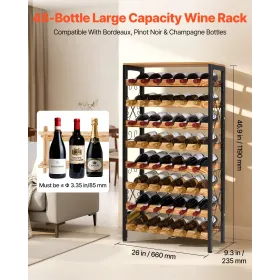 48 Bottle Wine Rack,8-Tier Iron Wine Bottle Holder With Wood Table Top,Freestanding Floor Display Wine Storage Shelves,For Kitch