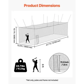 Baseball Batting Cage, 12700 x 3900 x 3080mm Freestanding Portable Batting Cage, Hitting Cages with 30-Ply Knotted HDPE & Carabi