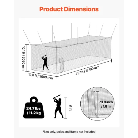 VEVOR Baseball Batting Cage, 12700 x 3900 x 3080mm Freestanding Portable Batting Cage, Hitting Cages with 30-Ply Knotted HDPE & 