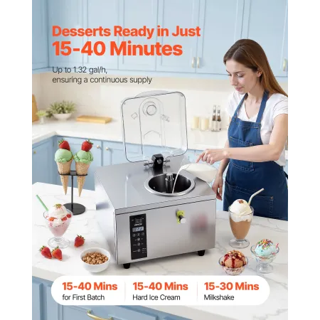 VEVOR kommerciel hård ismaskine, 500W 5L pr. time, Gelato Hard Serve ismaskine med 2,8L 304 rustfri stålcylin