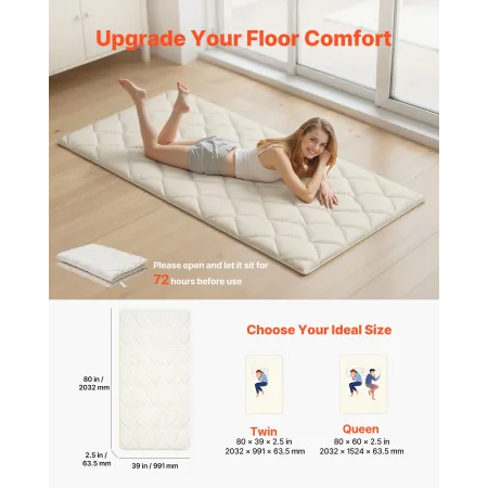 VEVOR Japanese Tatami Mat, Twin Size Foldable Japanese Tatami Mattress, Futon Mattress with Storage Bag & Fastener, 9-Layer Floo