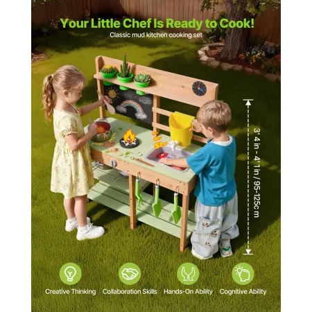 Mud Kitchen, Outdoor Mud Kitchen for Kids, Wood Outdoor Play Kitchens with Stoves, Tank, Sink, Planting Shovels, Spatulas, Box, 