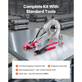 VEVOR Steel Banding Strapping Kit, Heavy Duty Banding Sealer Tool with 122 m Binding Straps, 400 Metal Clasps, Manual Pallet Pac