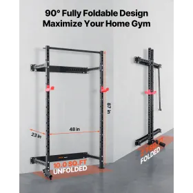 Folding Power Cage, Wall-Mounted Power Rack Squat Rack, Multifunctional Strength Training Workout Equipment with Landmine Holder