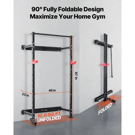 VEVOR Folding Power Cage, vægmonteret Power Rack Squat Rack, multifunktionelt styrketræningsudstyr med landmine