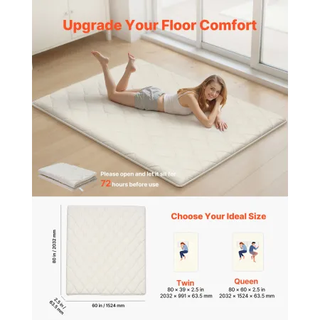 VEVOR Japanese Tatami Mat, Queen Size Foldable Japanese Tatami Mattress, Futon Mattress with Storage Bag & Fastener, 9-Layer Flo