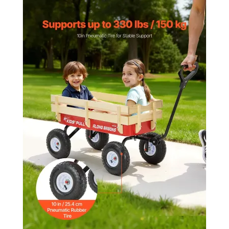 Pull-Along Wagon for Kids, 101cm Toddler Wagons with Wooden Panels & Handle, Supports up to 150kg, All-Terrain Utility Wagon Car