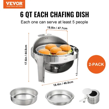 Rulle Top Chafing Dish Buffet Set, 6 Qt 2 Pack, rustfrit stål