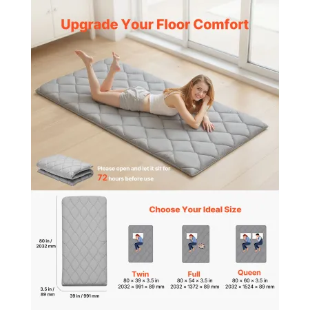 VEVOR Japanese Tatami Mat, Twin Size Foldable Japanese Tatami Mattress, Futon Mattress with Storage Bag & Fastener, 9-Layer Floo