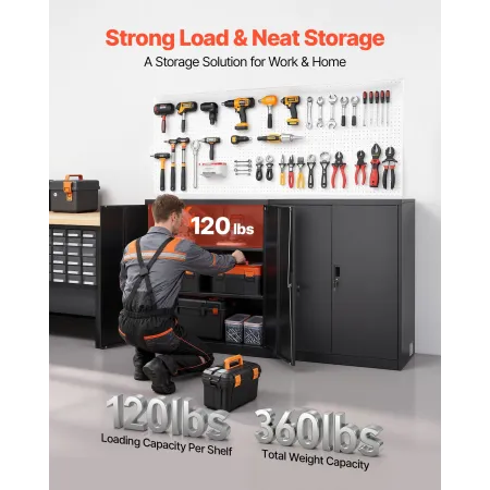 VEVOR Metal Storage Cabinet, 106 cm Steel Garage Cabinet with 2 Adjustable Shelves, 2 Magnetic Doors & 2 Keys, 3 Tiers Lockable 