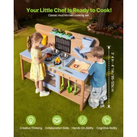 VEVOR Mudderkøkken, Udendørs Mudderkøkken til børn, Udendørs legekøkkener i træ med komfurer, kroge, dobbeltvaske, planteskovle,