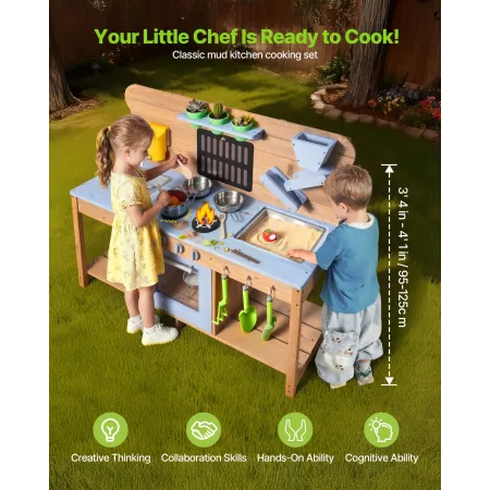 VEVOR Mud Kitchen, Outdoor Mud Kitchen for Kids, Wood Outdoor Play Kitchens with Stoves, Hooks, Double Sinks, Planting Shovels, 