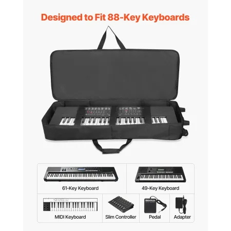 88 Key Keyboard Case, 1040 x 430 x 130 mm Interior, Padded Rolling Piano Case with Wheels, Sturdy Handle, 3-Pocket Storage, Gig 