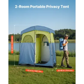 Camping Shower Tent, 2-Room Portable Privacy Tent Changing Room with Shower Bag, Ground Stakes, Ropes, Carry Bag, and Support Po