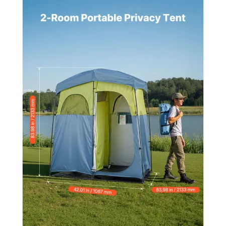 VEVOR campingbrusetelt, 2-værelses bærbart privatlivstelt omklædningsrum med brusetaske, jordpæle, reb, bæretaske og tilbehør