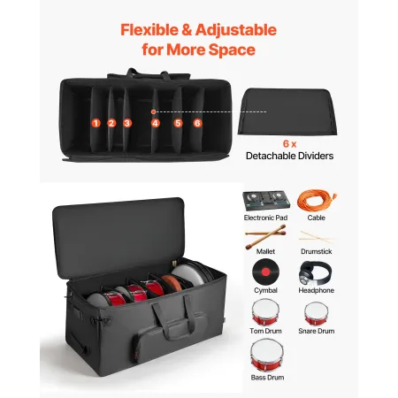 VEVOR elektronisk trommesæt taske, 600D, polstret trommetaske med hjul, stor 920 x 420 x 410 mm interiør, letvægts rejsetaske