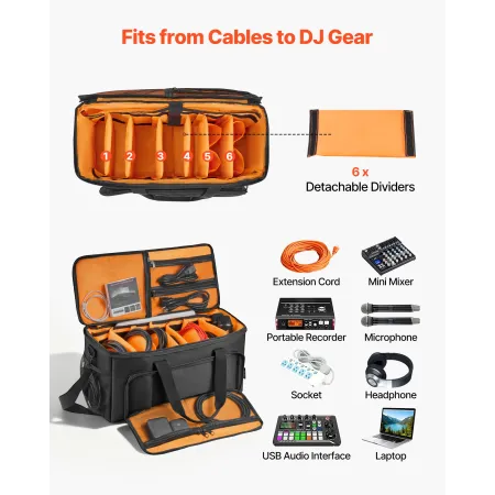 VEVOR Rolling DJ Cable Bag, 1680D, Padded File Gig Bag with Wheels, 6 Detachable Divider, Travel Storage Music Gear Case, for Pr