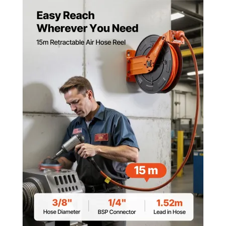 VEVOR Retractable Air Hose Reel, 15m x 9.5mm Hybrid Air Hose Max 300PSI, Auto Rewind Air-Compressor Hoses Reel with 1.52m Lead i